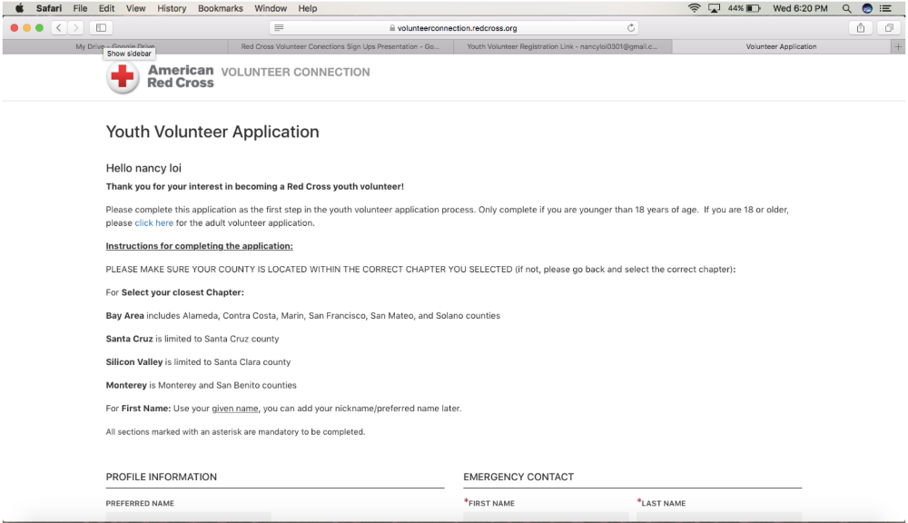 Landing page after creating a Red Cross ID
