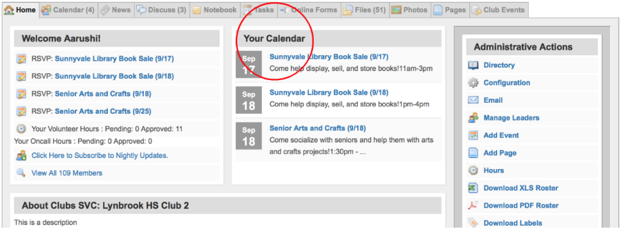 The calendar shows upcoming events